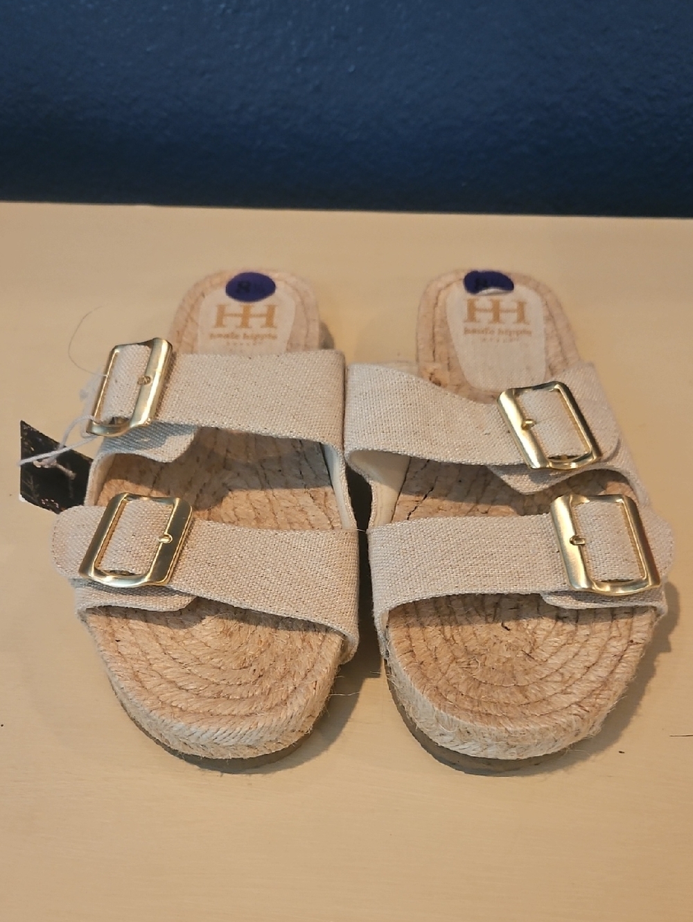 Haute Hippie Beige Canvas Espadrille Slide Sandals with Gold Buckles